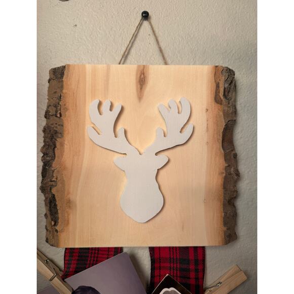 Holiday Christmas Card Holder Reindeer on Aspen Wood Double Plaid Ribbon - Picture 2 of 5